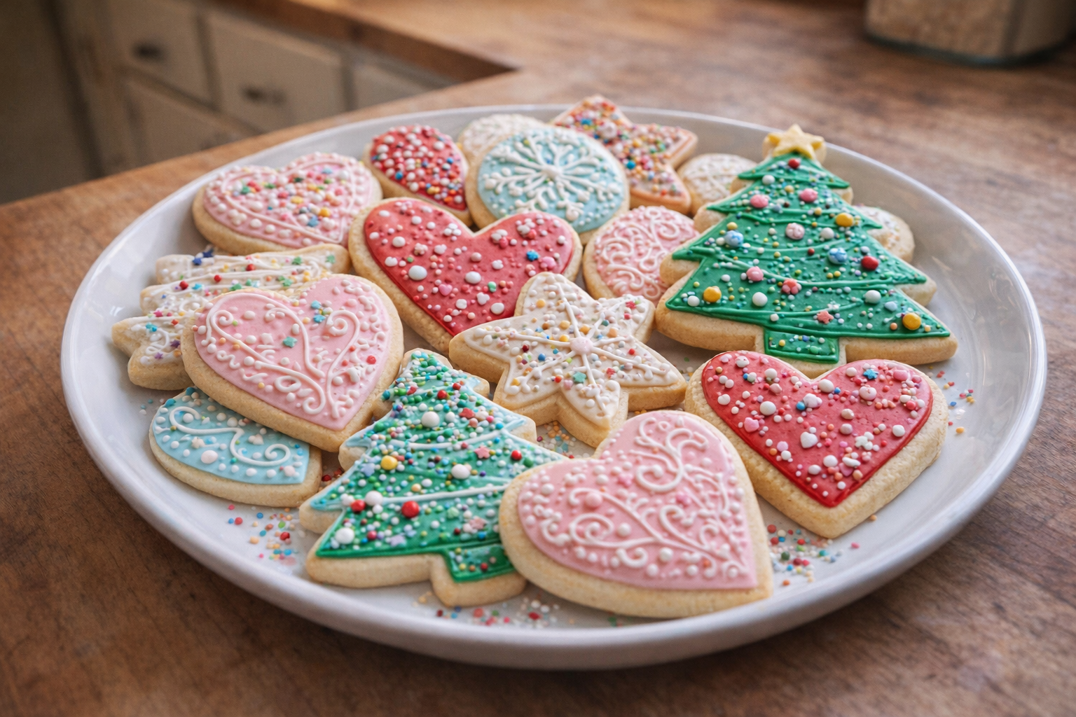 A top-down shot of beautifully decorated sugar cookies on a white platter, showcasing intricate icing designs and colorful sprinkles. Soft, natural light.